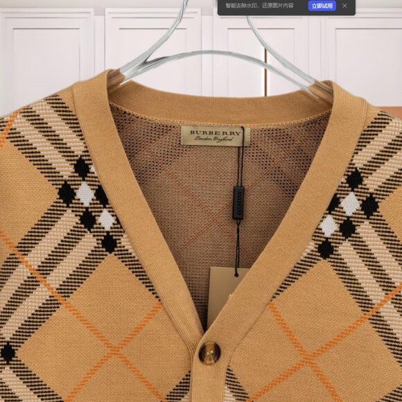 Burberry Classic Check Knit Cardigan Unisex Beige Plaid Sweater - Picture 3 of 7